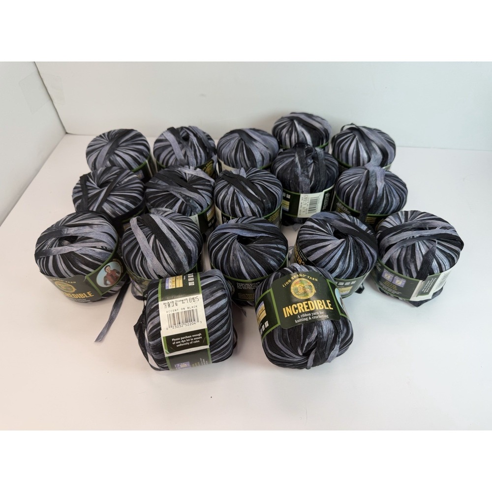 Lion Brand Yarn Incredible Ribbon Yarn Lot Of 17‎ Accent On Black 100% Nylon